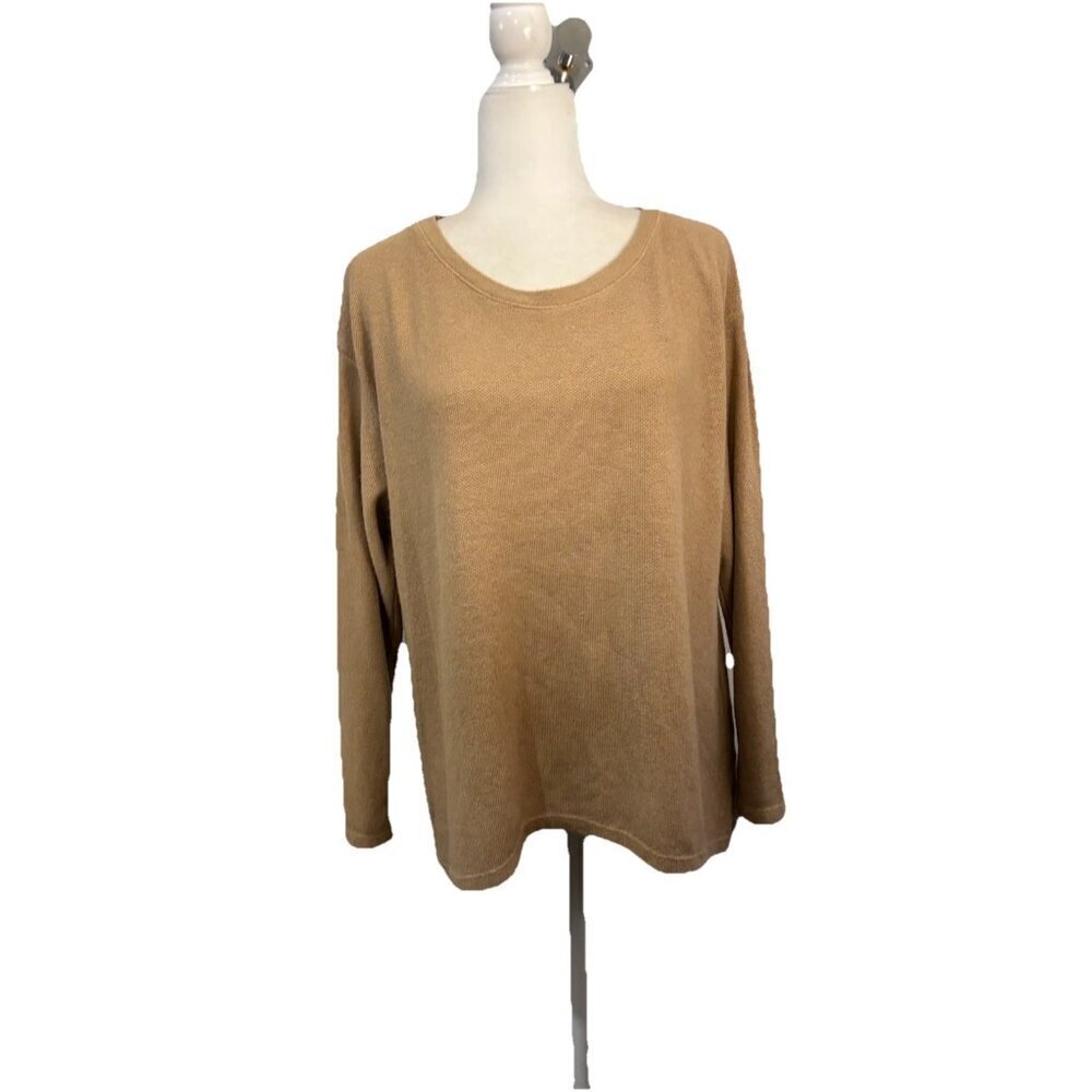 M Made In Italy Crew Neck Camel Brown Knit Sweater Back Slit Detail Women Medium